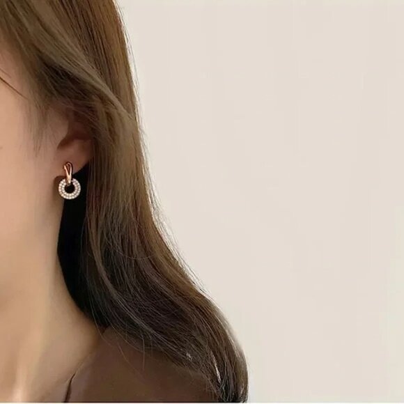 “Trinity” Diamond Hoop Elegant Gold Circle Engagement/Wedding/Gift Earrings - Picture 3 of 10